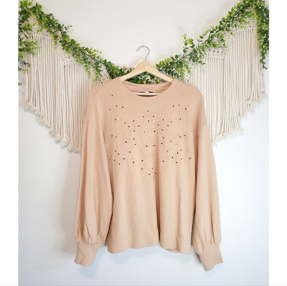 Loft Floral Eyelet Puff Sleeve Sweatshirt